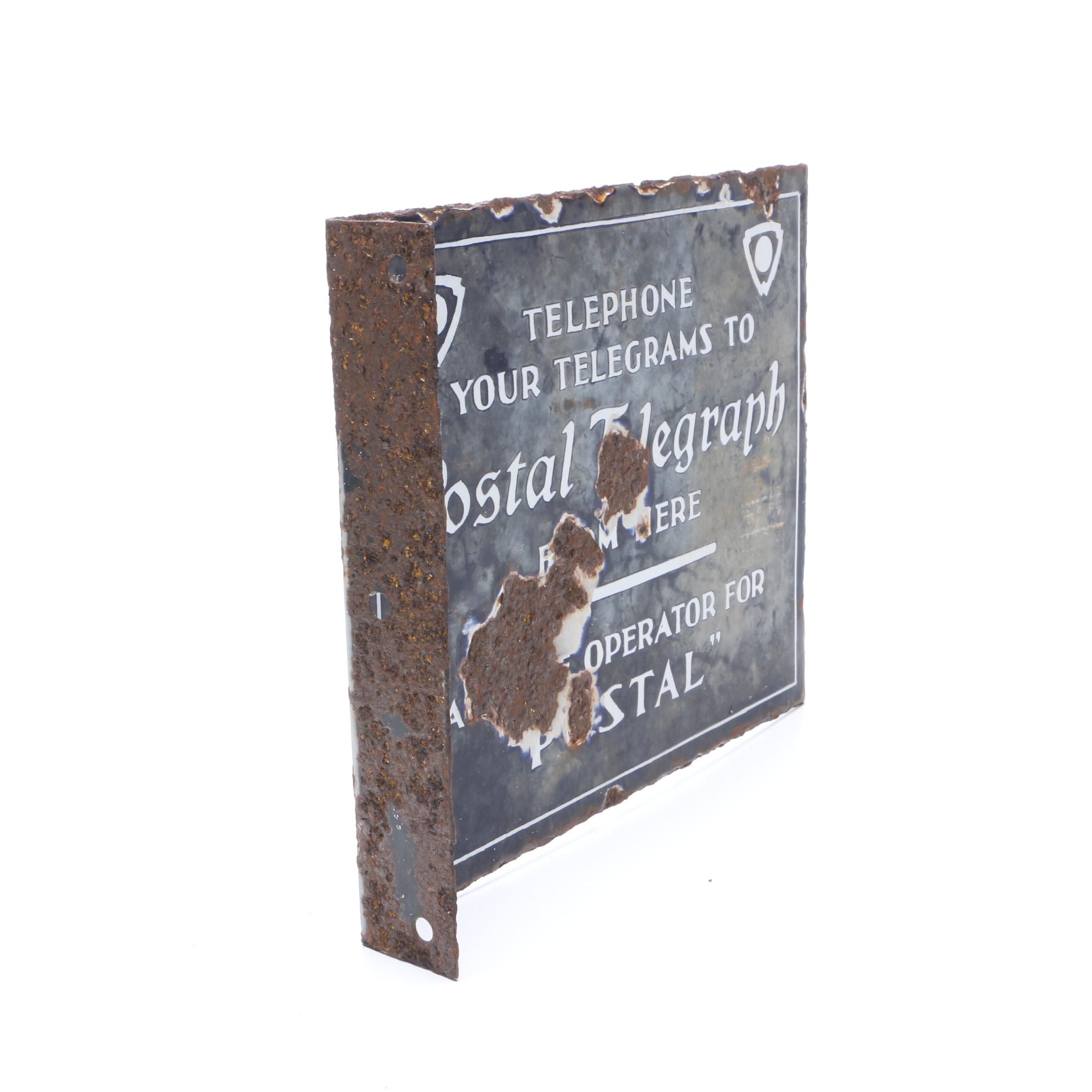 Postal Telegraph Flange Porcelain Double Sided Sign, Circa 1930s
