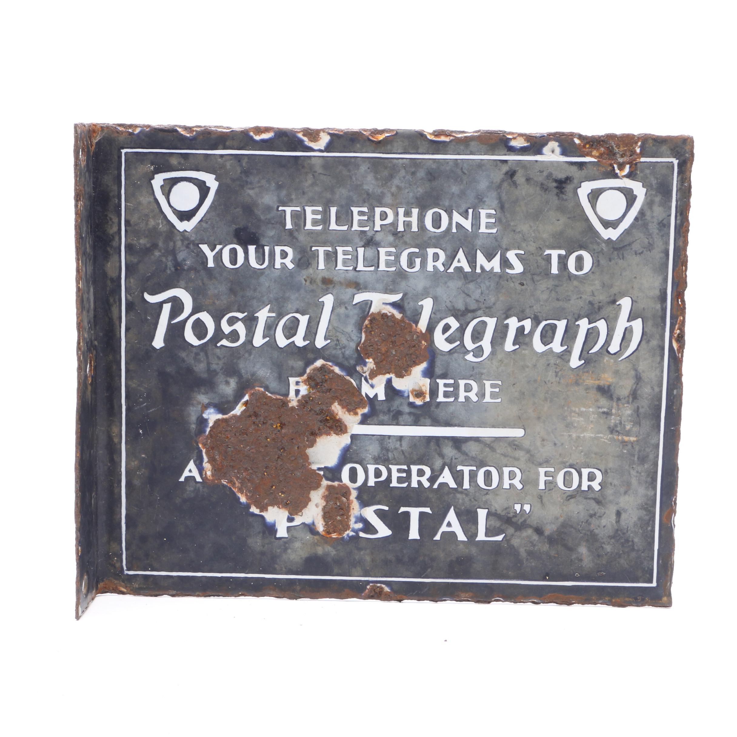 Postal Telegraph Flange Porcelain Double Sided Sign, Circa 1930s