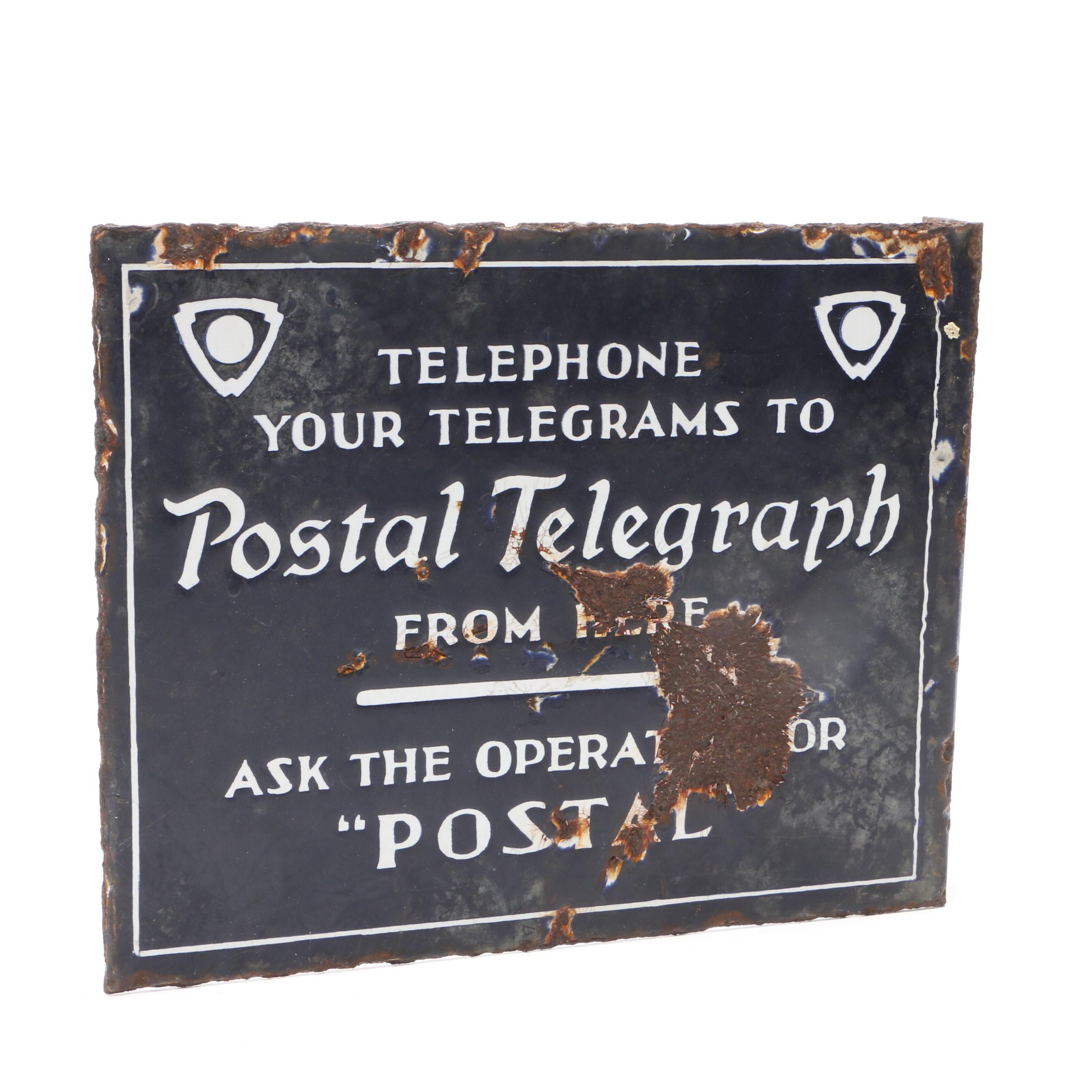 Postal Telegraph Flange Porcelain Double Sided Sign, Circa 1930s