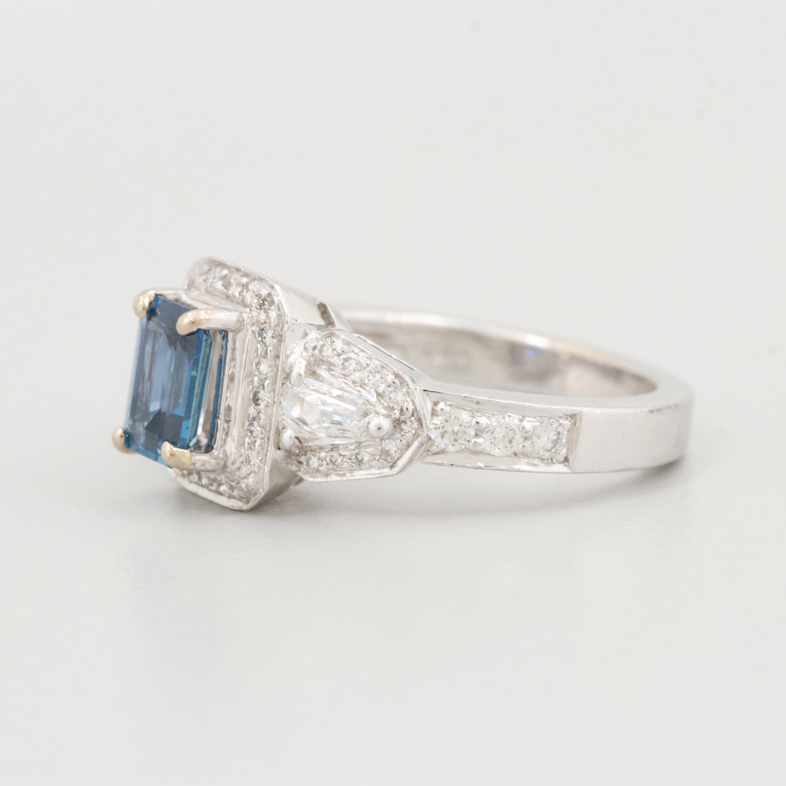 18K White Gold Blue Sapphire and Diamond Ring