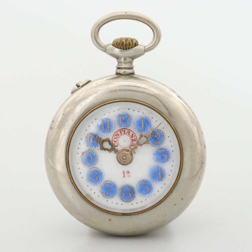 Antique Confianza 1a Nickel Open Face Pocket Watch With Porcelain and Enamel