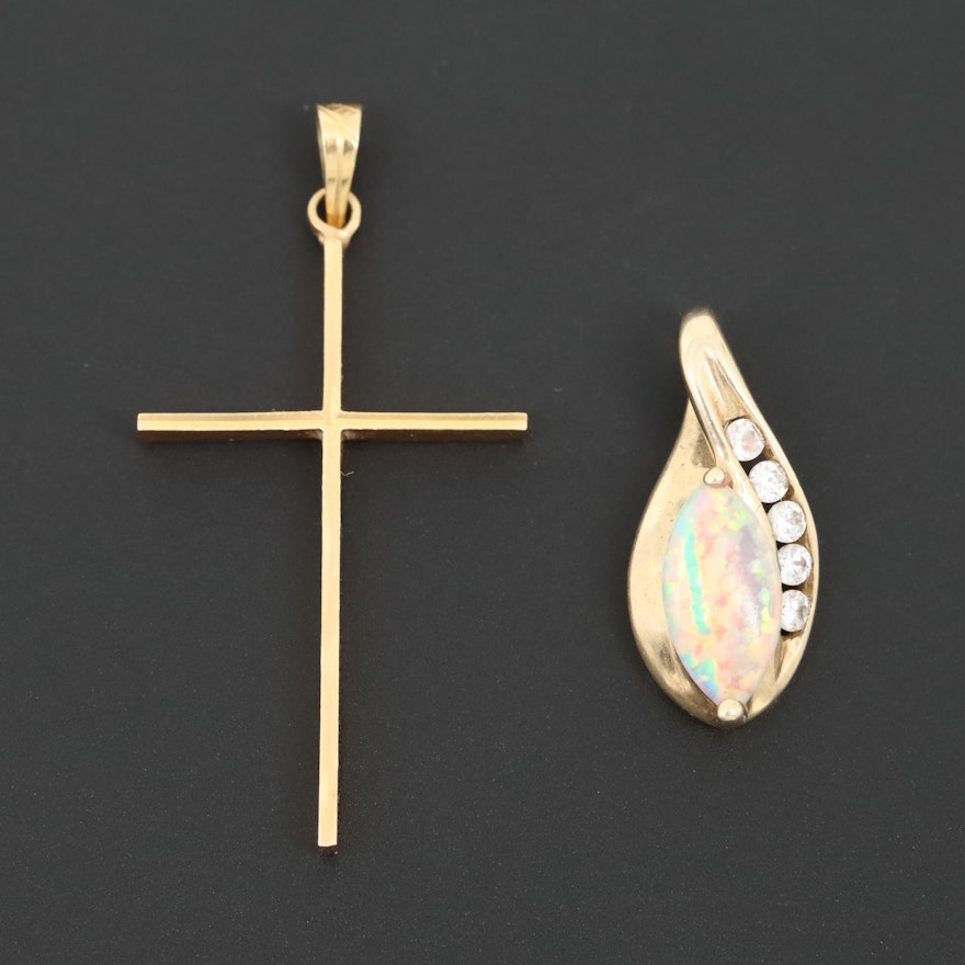 14K Yellow Gold Cross and 10K Gold Synthetic Opal and Cubic Zirconia Pendant