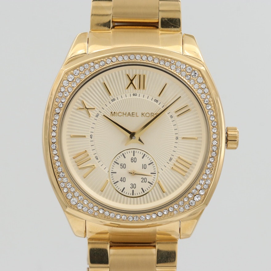 Michael Kors Bryn Gold Tone Quartz Wristwatch With Glass Crystal Bezel