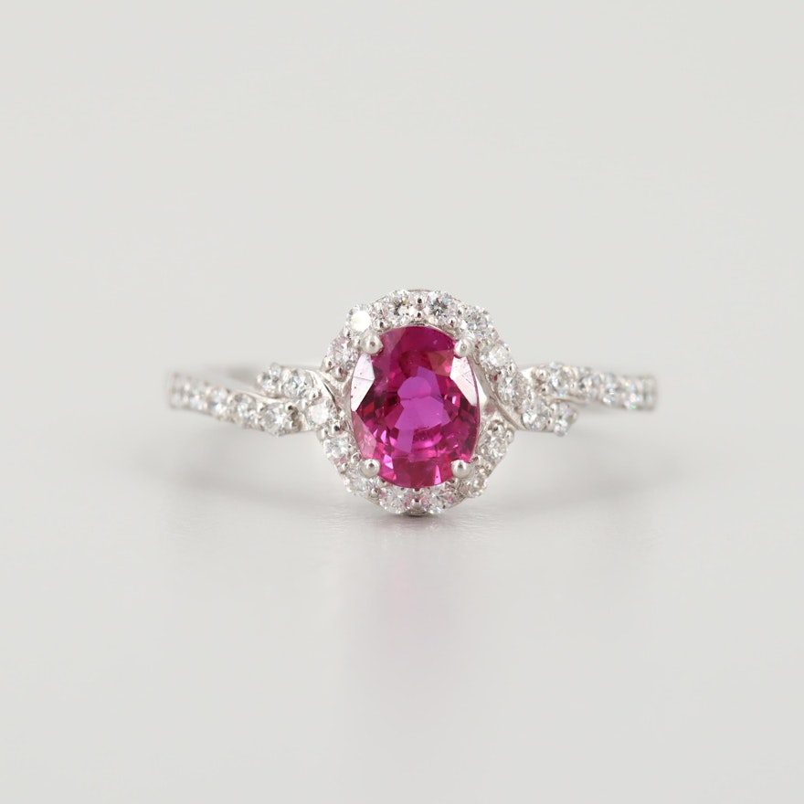 Platinum Ruby and Diamond Halo Ring