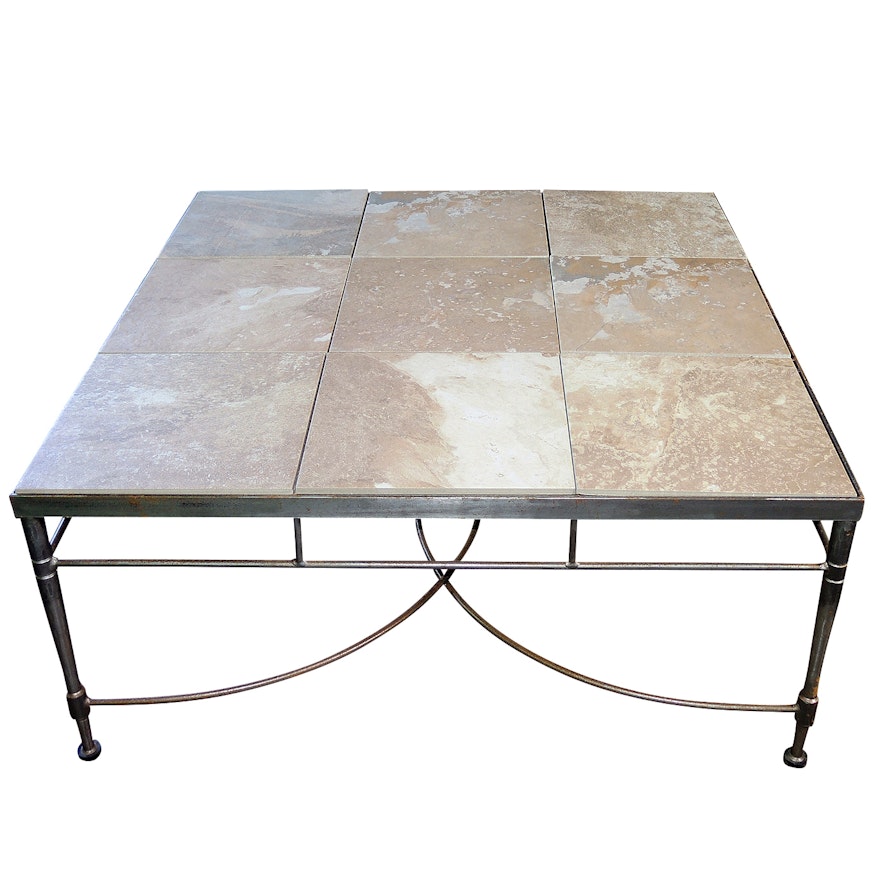 Arhaus Contemporary Stone-Finish Tile Top, Metal Base Coffee Table