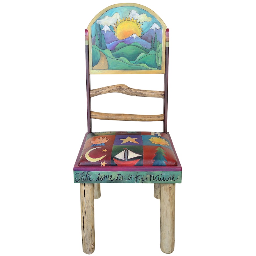 Sticks Carved and Painted Wooden Side Chair with Embellished Leather Seat