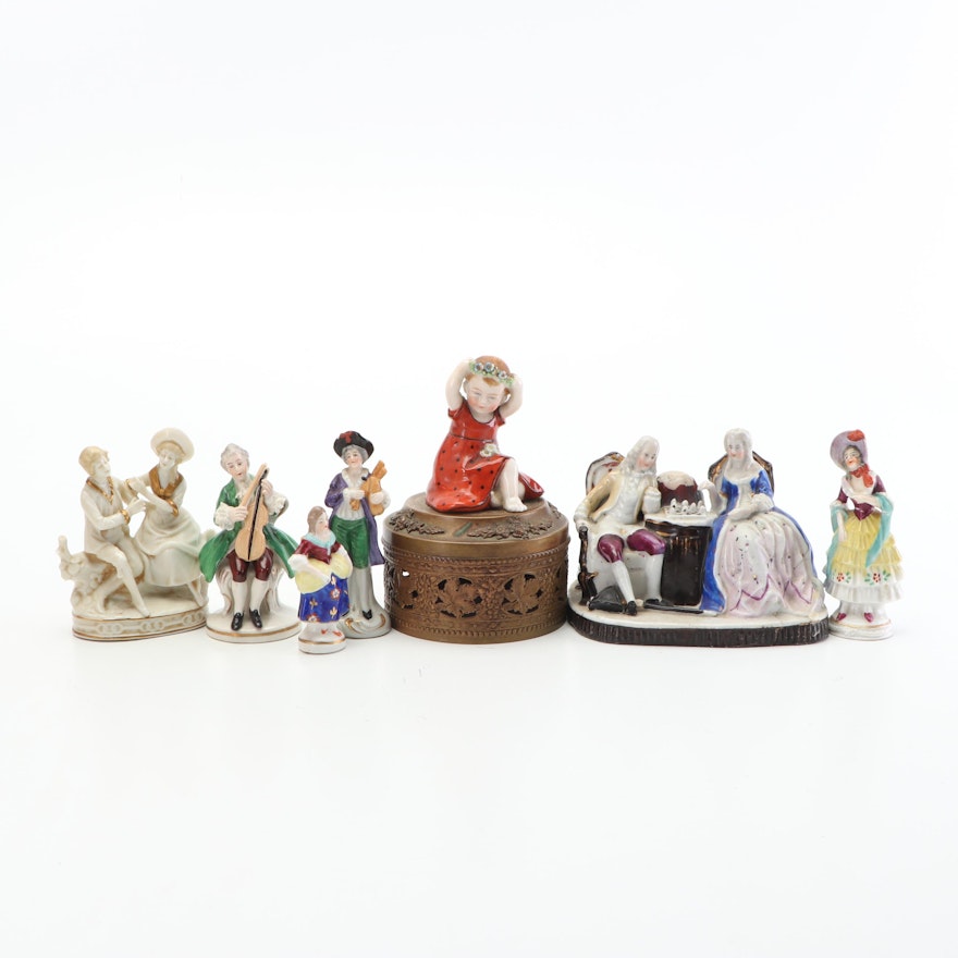 Open Work Trinket Box with Porcelain Figurines