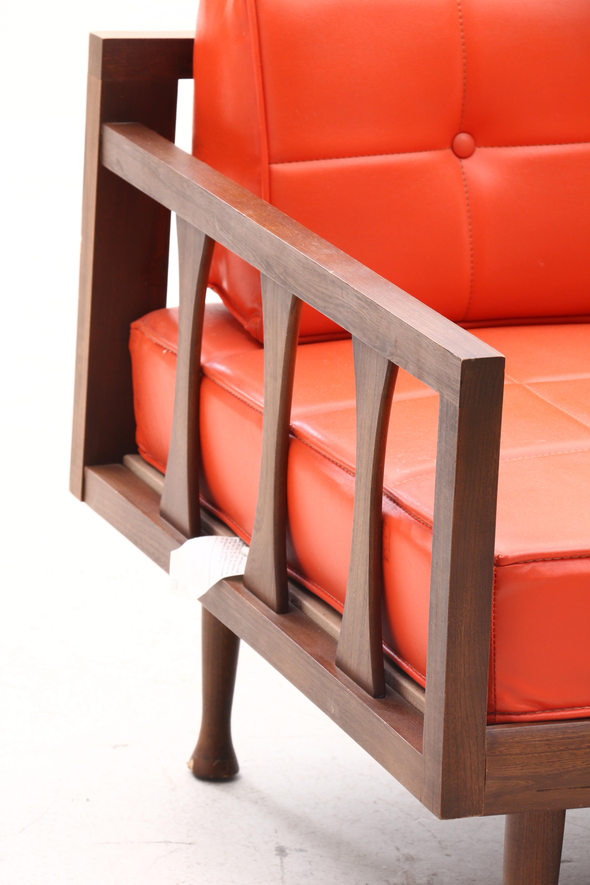 Mid Century Modern Burton Dixie Walnut Frame Faux Leather Sofa