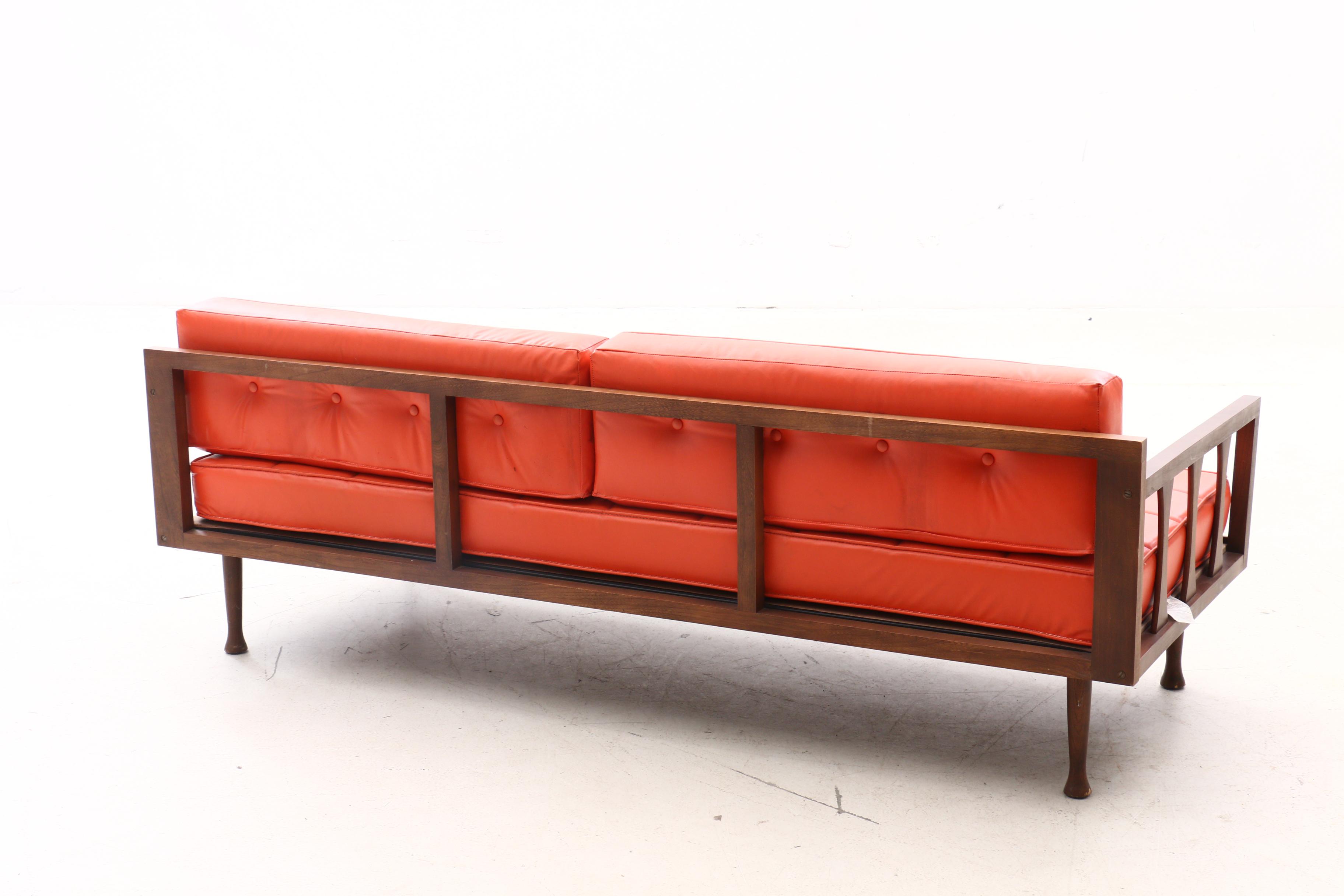 Mid Century Modern Burton Dixie Walnut Frame Faux Leather Sofa