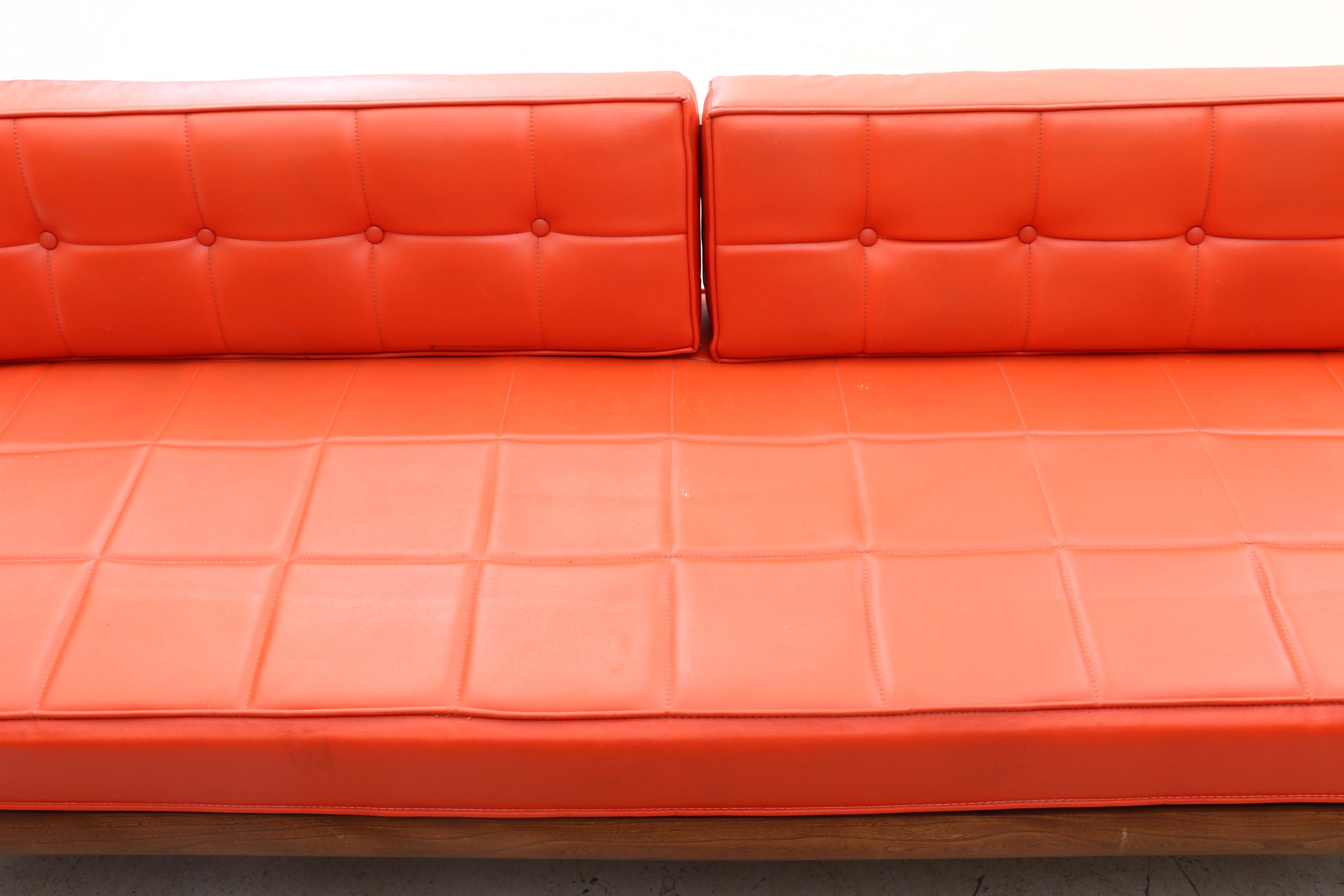 Mid Century Modern Burton Dixie Walnut Frame Faux Leather Sofa