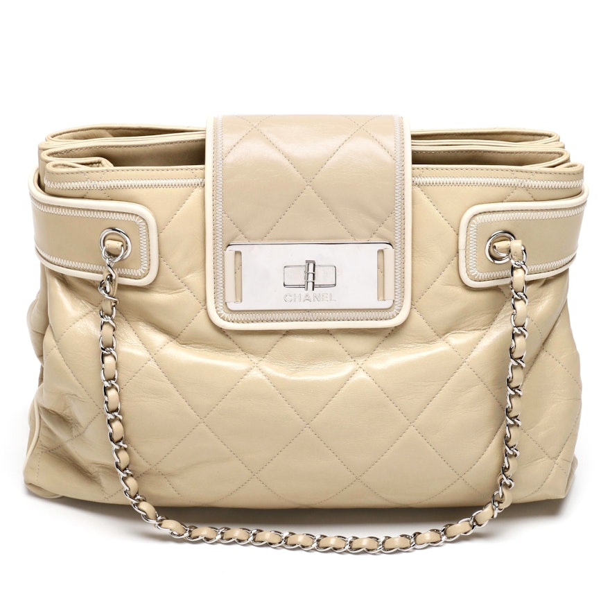 Chanel Beige Quilted Lambskin Leather East West Tote Bag