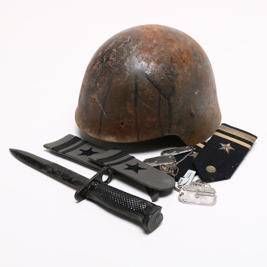 Military Style Helmet, Naval Officer's Shoulder Bars, Knife Bayonet, and More