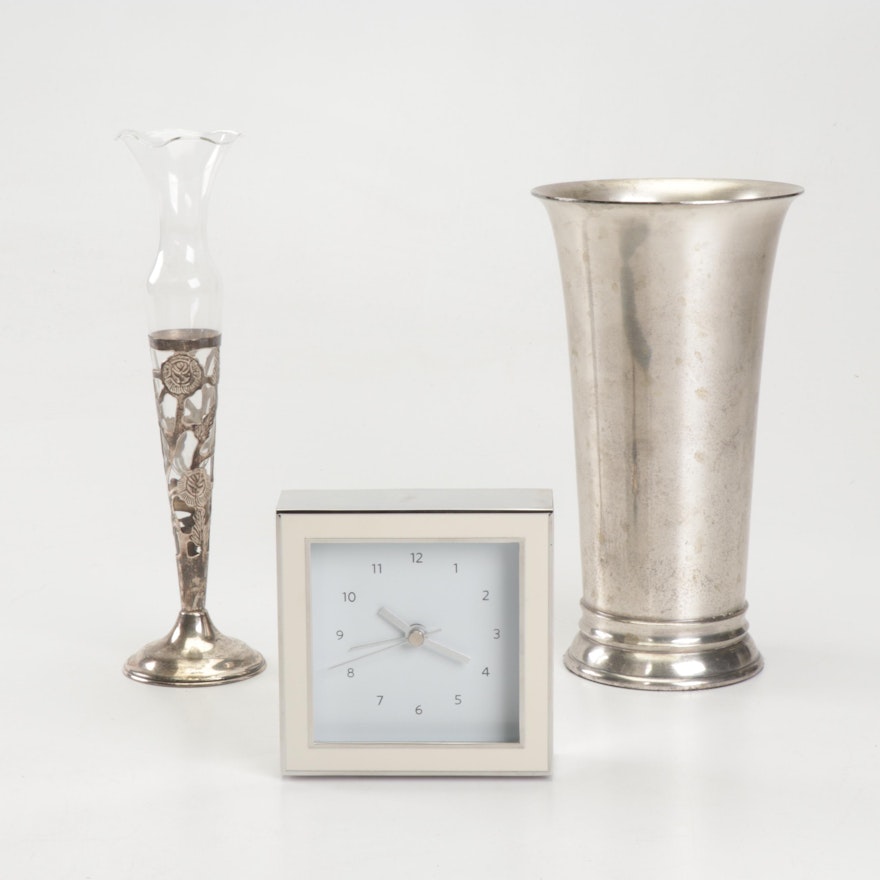 Sterling and Glass Vase with Modern Clock and Restoration Hardware Wine Cooler