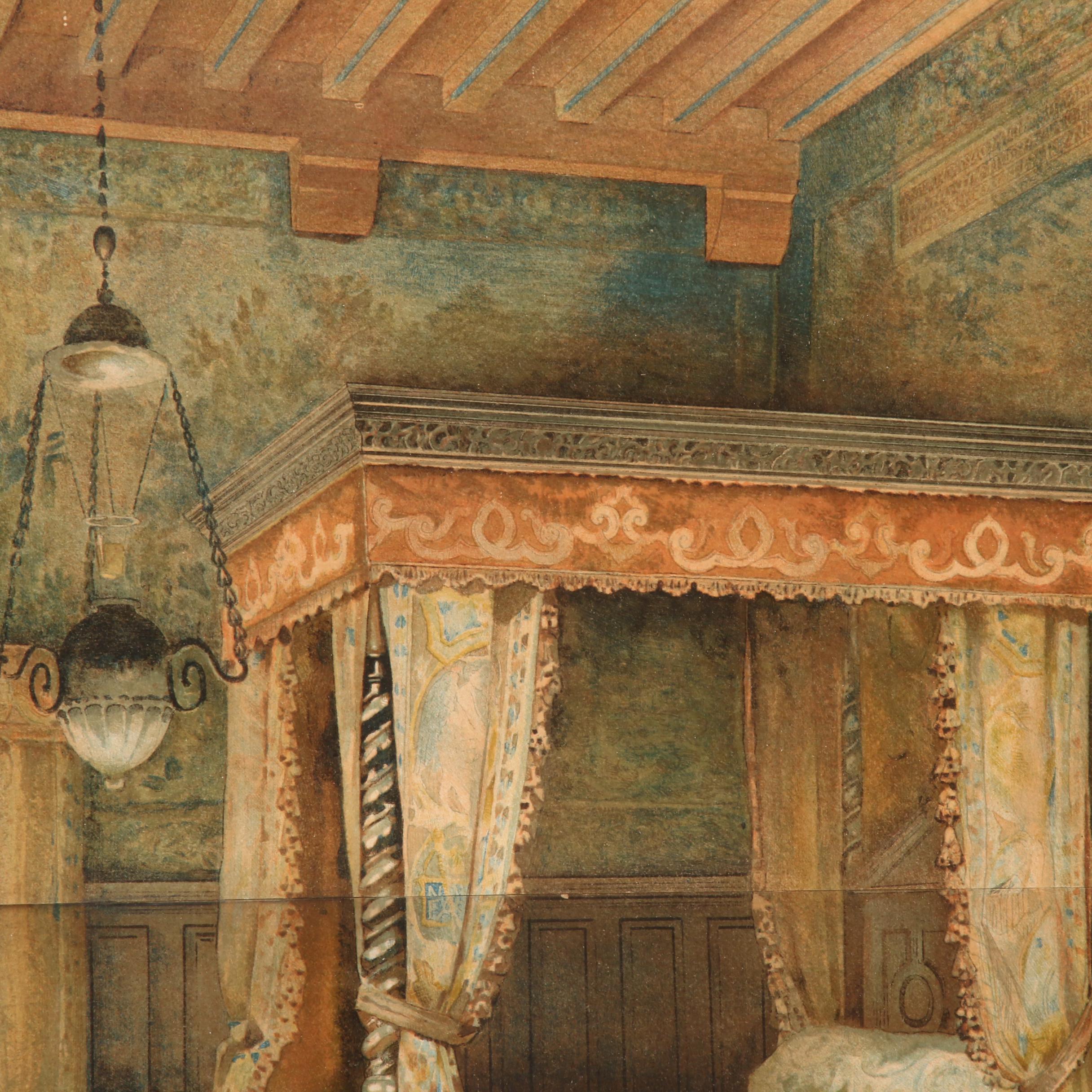 Mixed Media Lithograph "Chambre a Coucher Louis XIII"