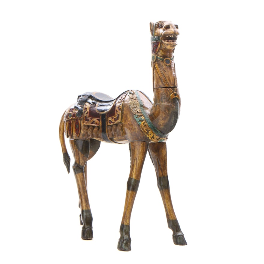 Contemporary Chinese Carved Wood and Polychromed Camel Figure