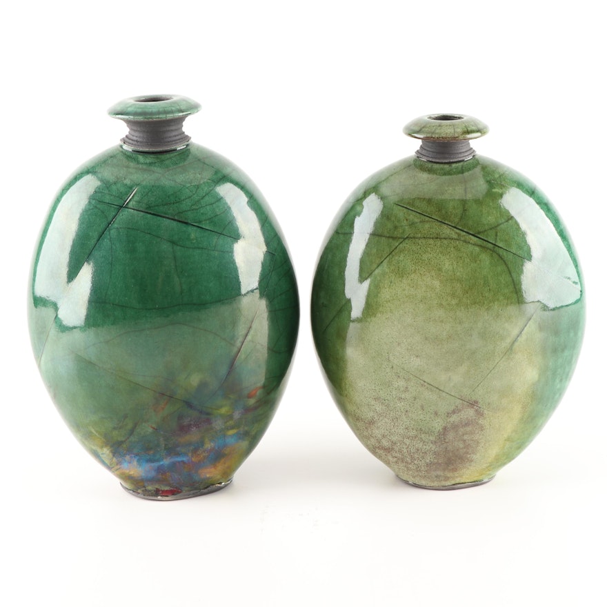 Joe Winter "Flounder" Green Raku Pottery Vases