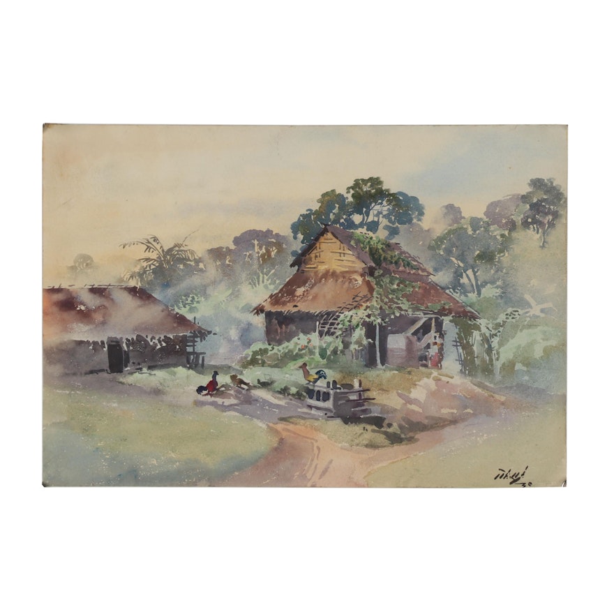 20th Century Watercolor Painting of a Farm