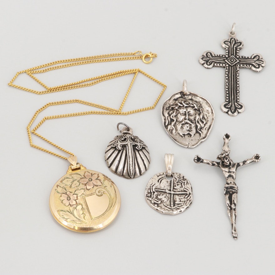Sterling Silver Crucifix, Cross Pendant Assortment and Gold Tone Locket Necklace