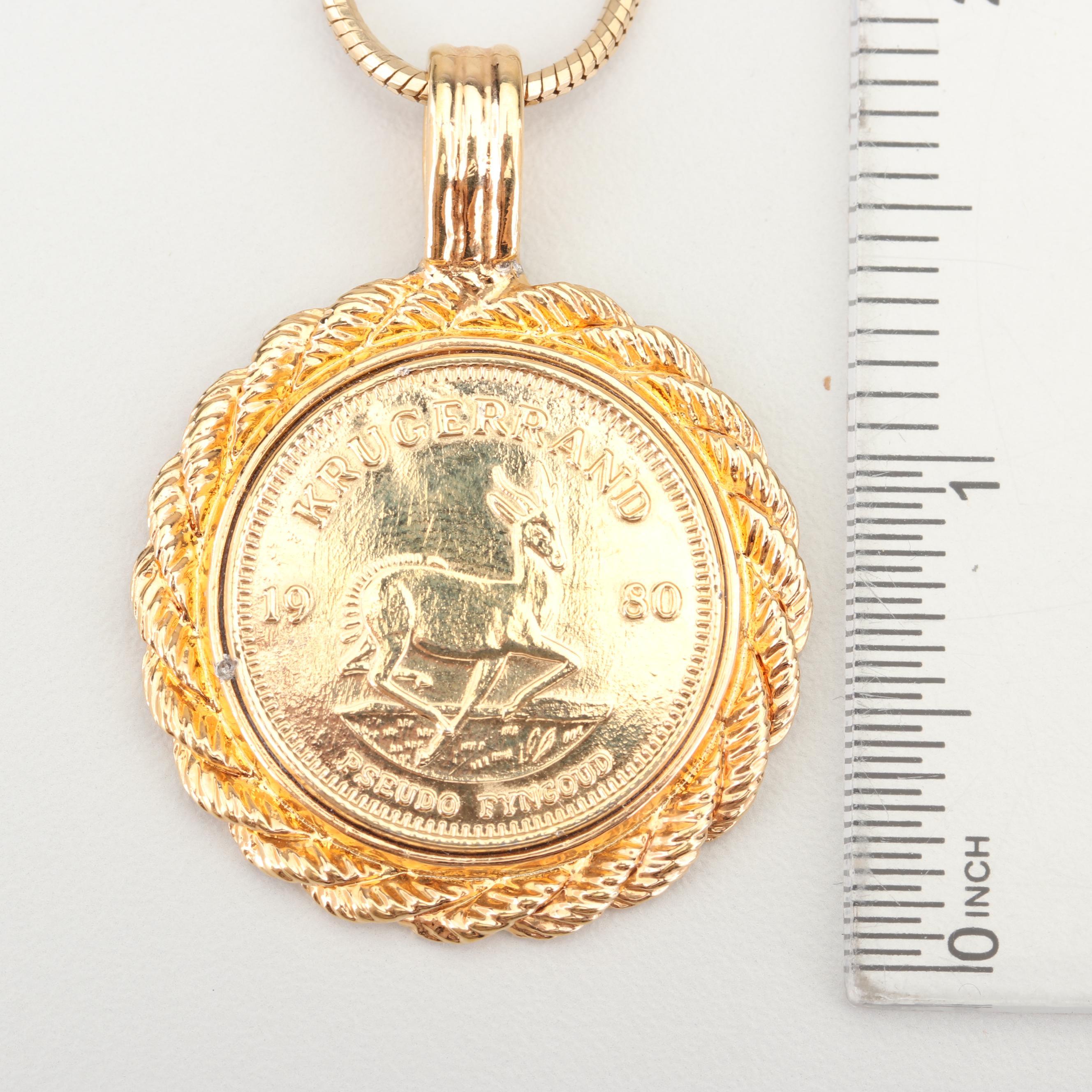 Yellow Gold Wash Replica South African Krugerrand Coin Necklace