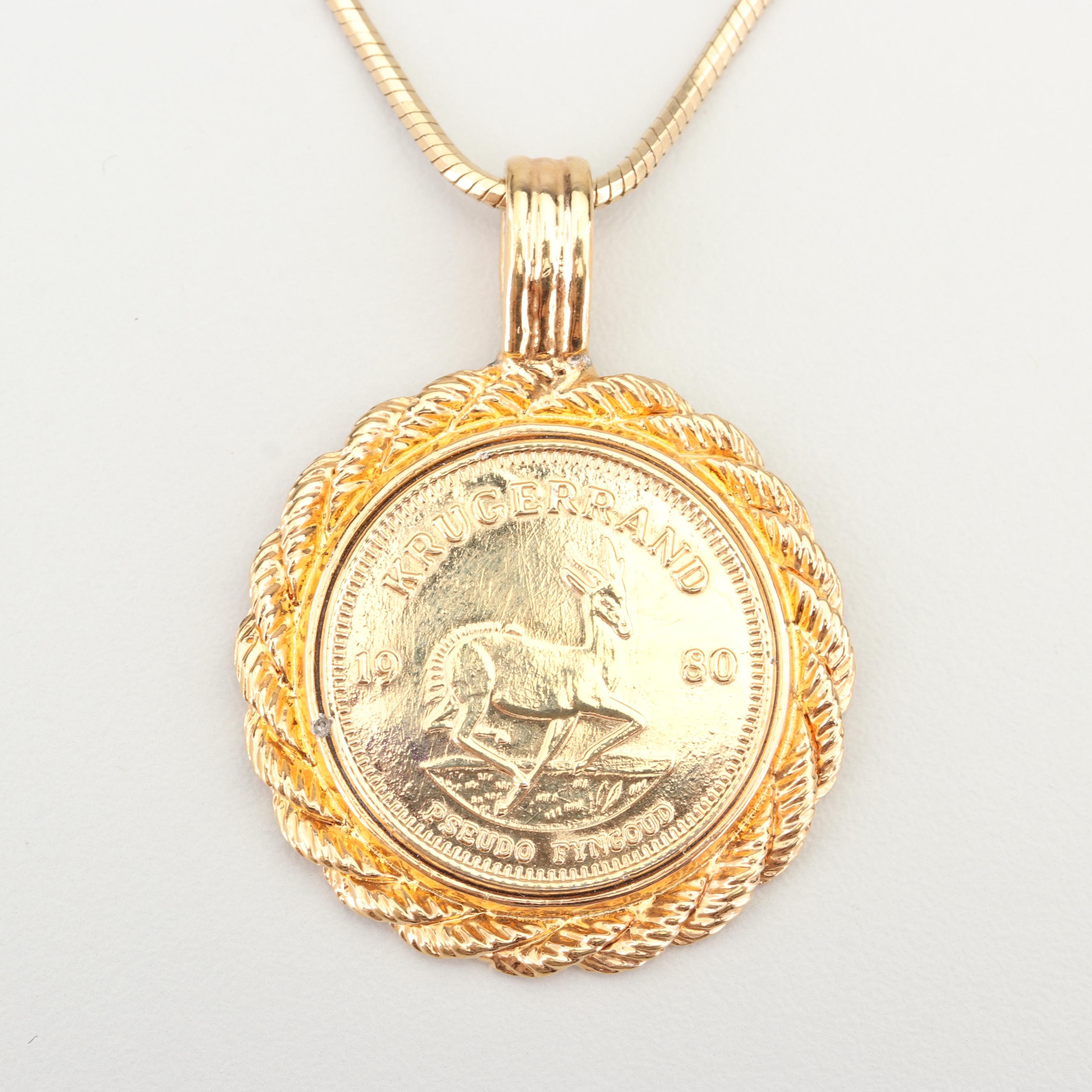 Yellow Gold Wash Replica South African Krugerrand Coin Necklace