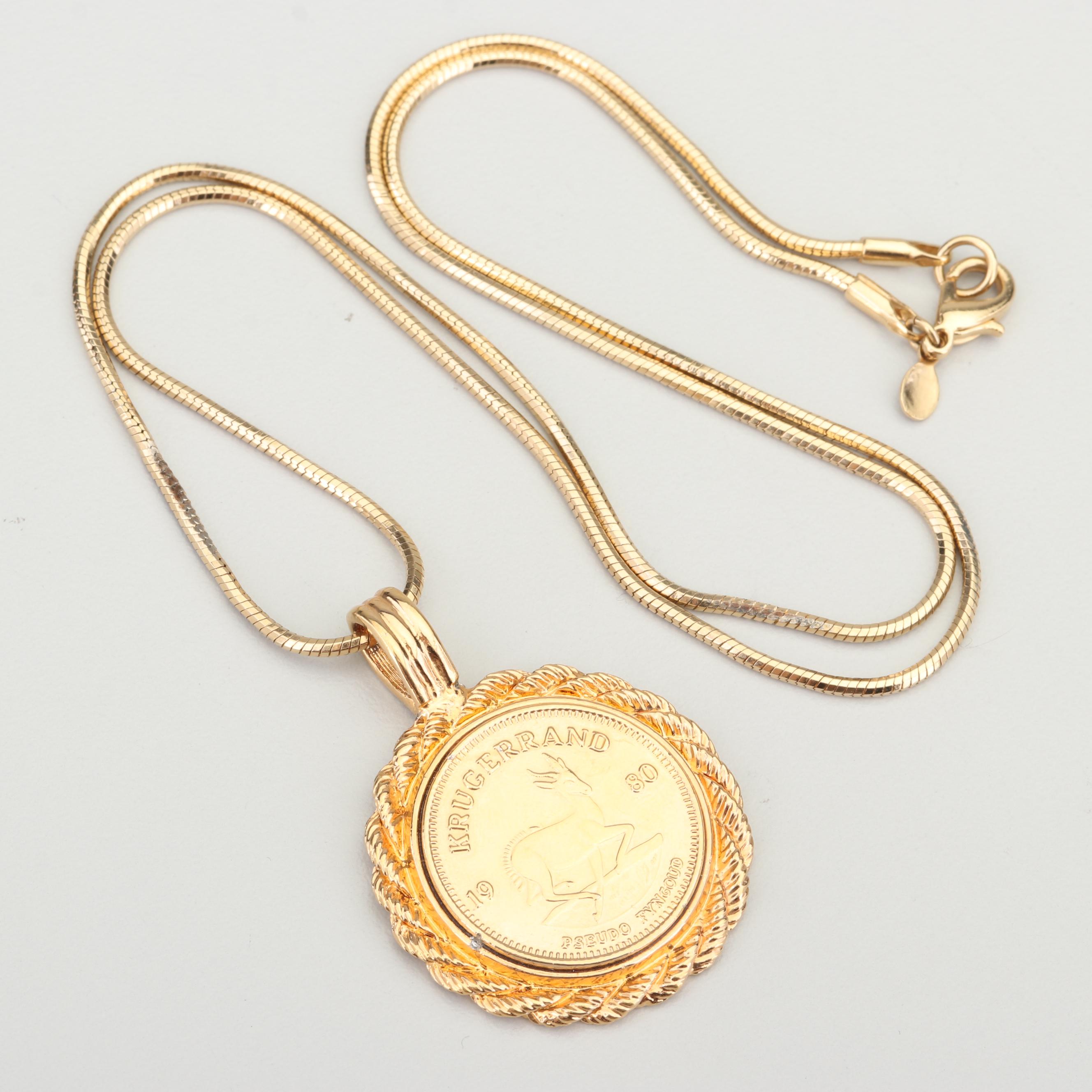Yellow Gold Wash Replica South African Krugerrand Coin Necklace