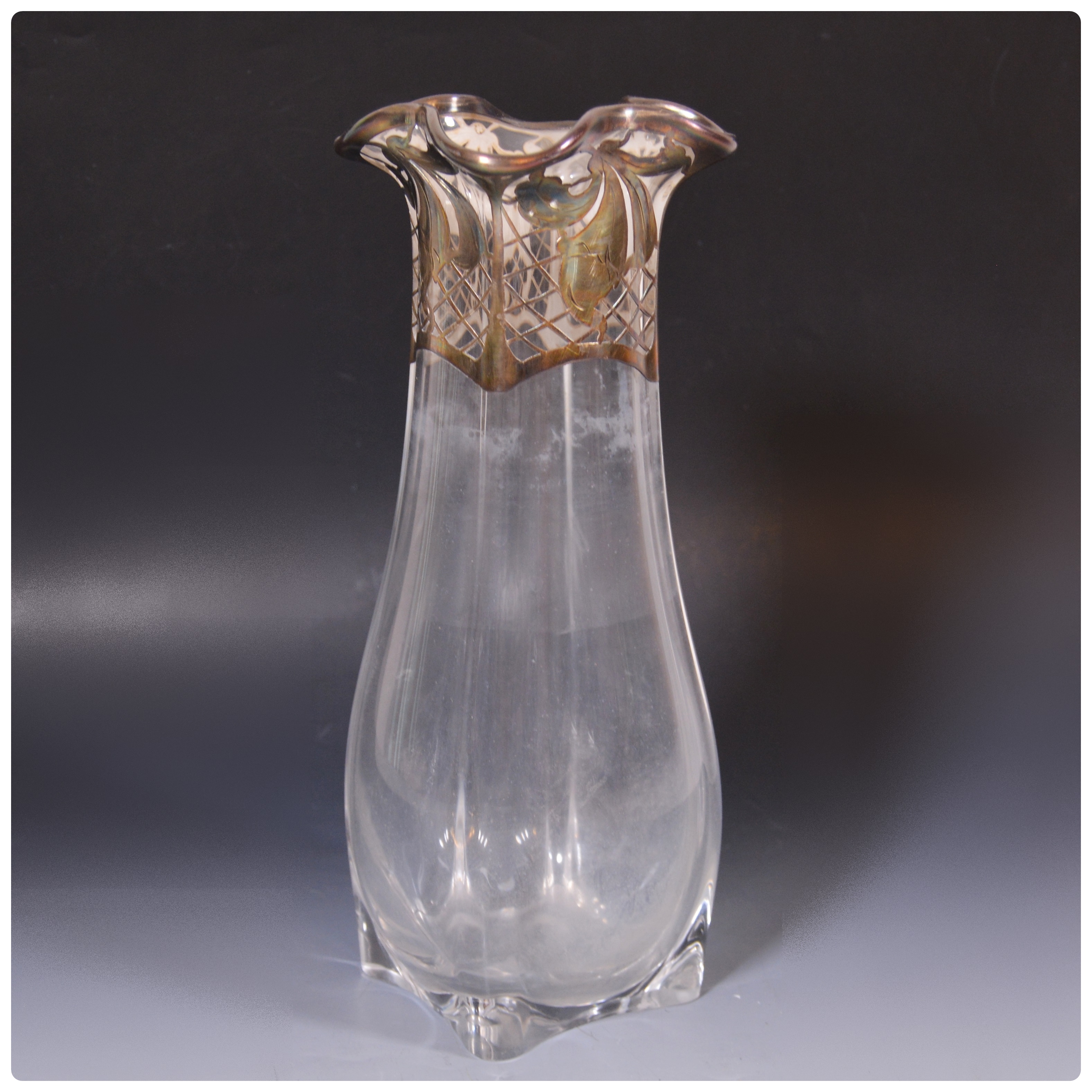 Victorian Clear Glass with Silver Plate Overlay Vase