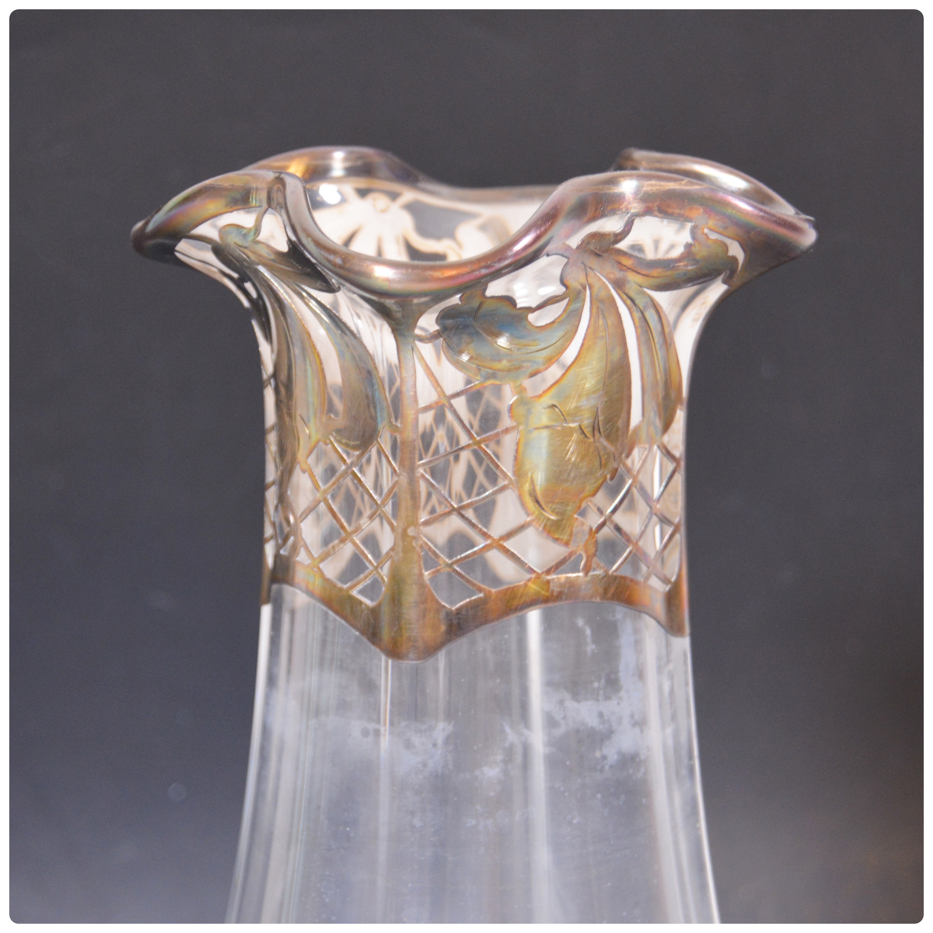 Victorian Clear Glass with Silver Plate Overlay Vase