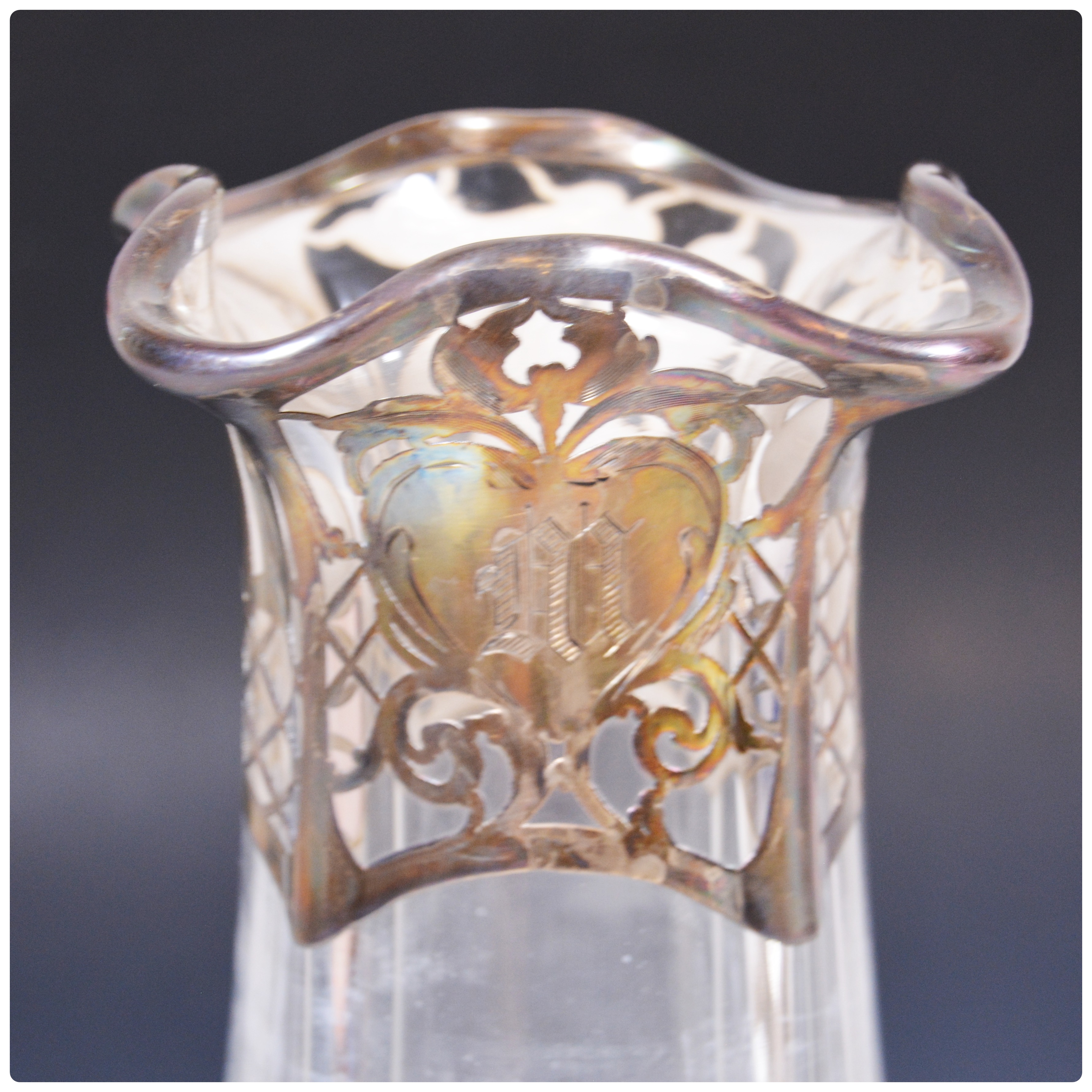 Victorian Clear Glass with Silver Plate Overlay Vase