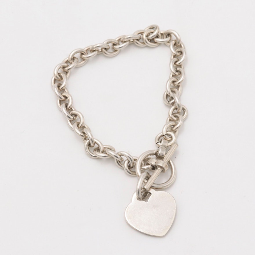 Sterling Silver Heart Charm Toggle Bracelet