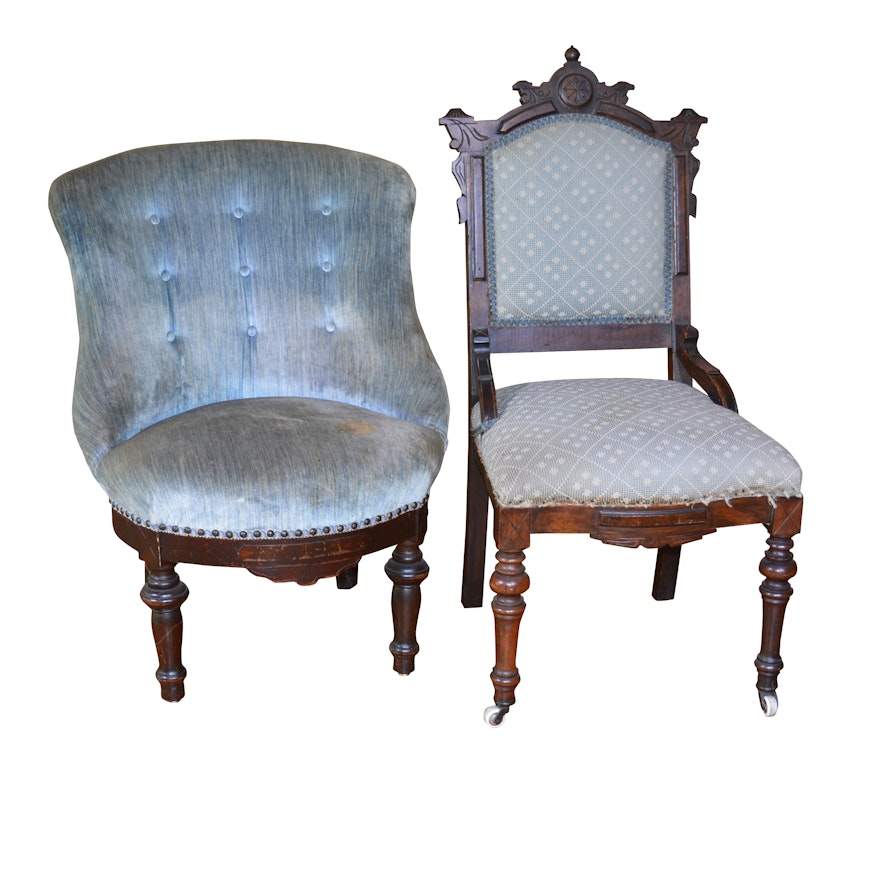 Victorian Upholstered Walnut Parlor Chairs, Mid to Late 19th Century