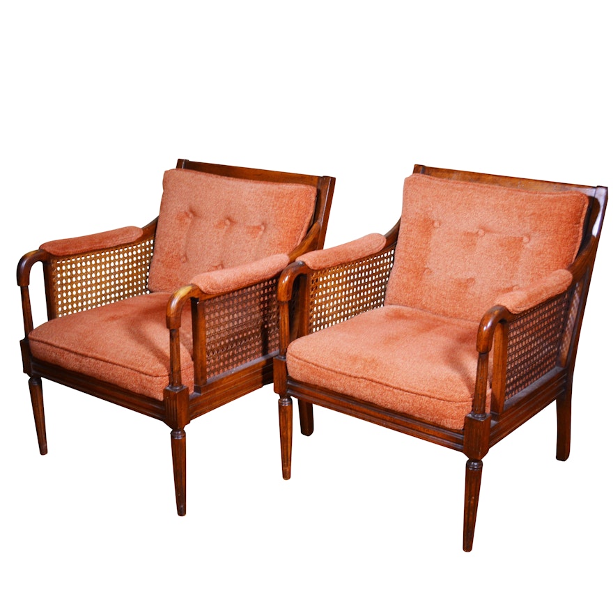 Cane and Fruitwood Upholstered Armchairs, Mid-Late 20th Century