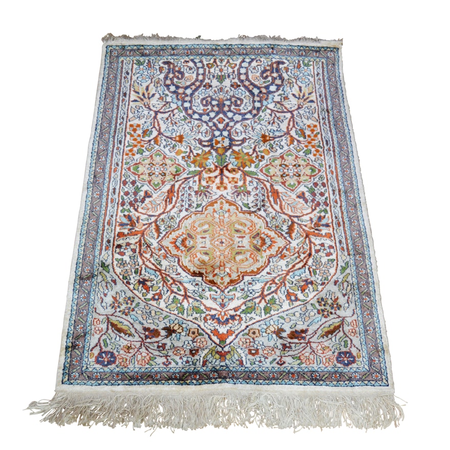 Hand-Knotted Pakistani Kashmir Silk and Cotton Accent Rug/Wall Hanging