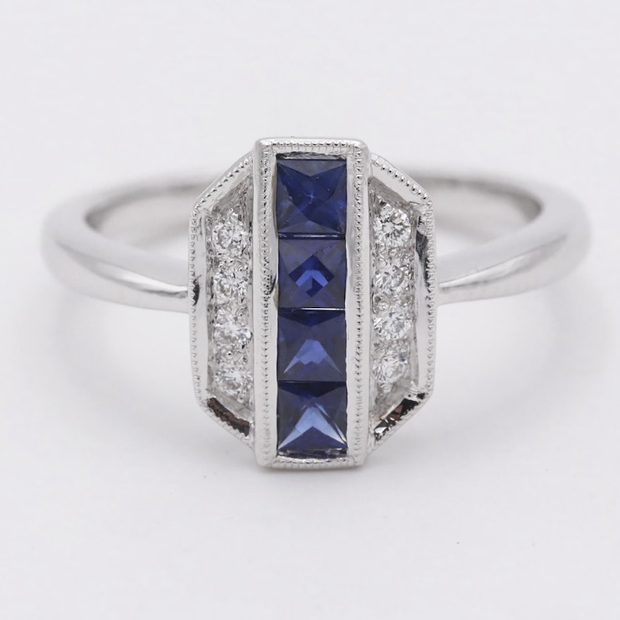 14K White Gold Art Deco Style Sapphire and Diamond Ring