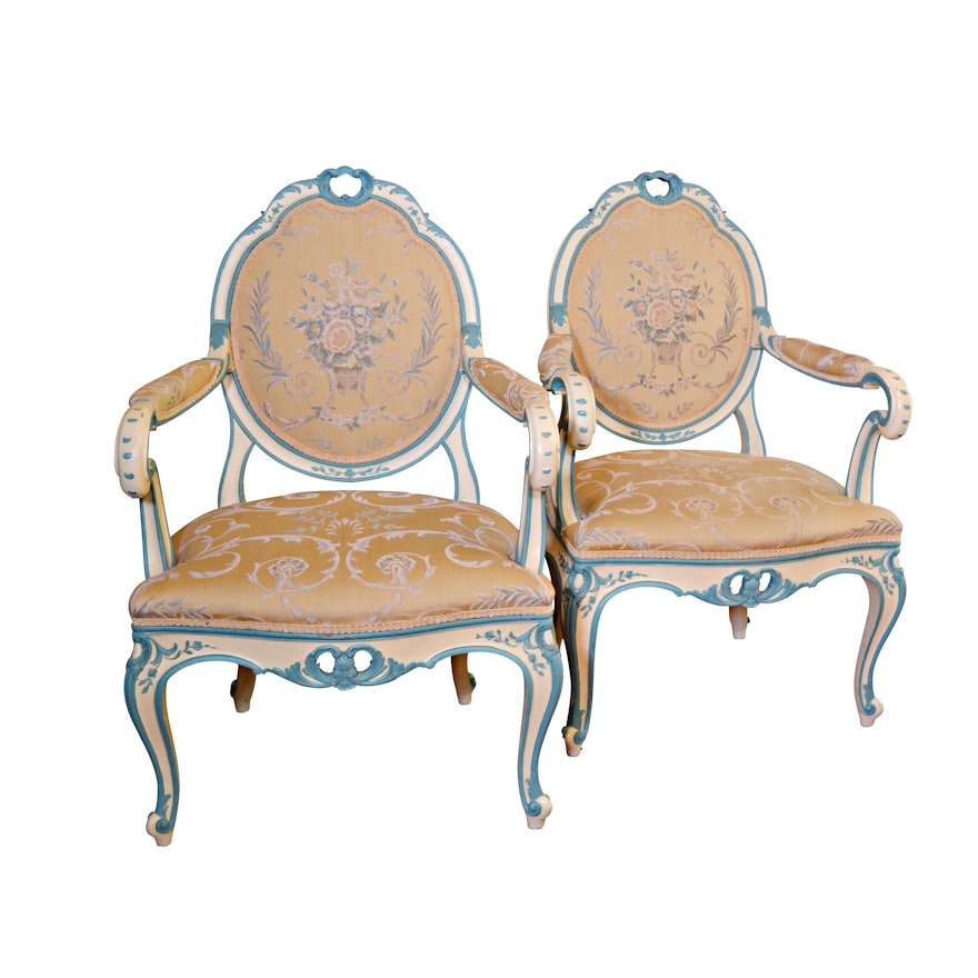 Pair of Gustavian Style Painted and Upholstered Armchairs, Circa 1900