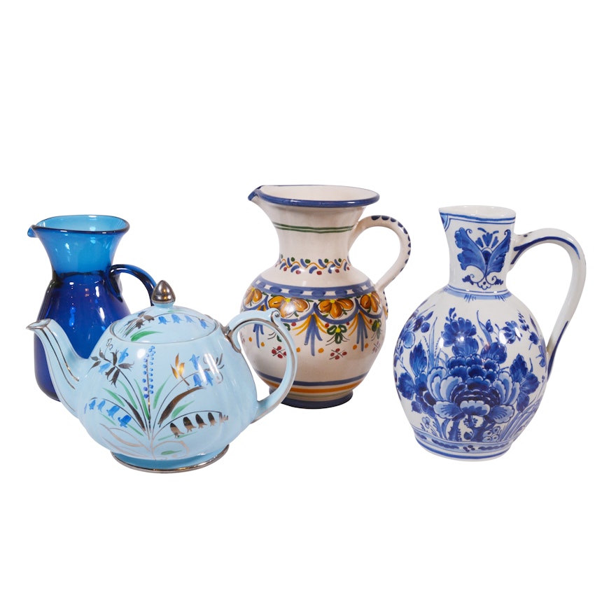 Delft Pottery Pitcher, Sadler Ceramic Teapot and Other Pitchers