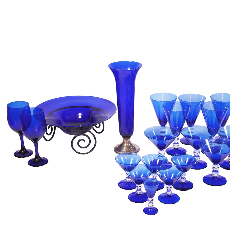 Cobalt Blue Glass Clear Ball Stem Stemware, Serveware and Vase