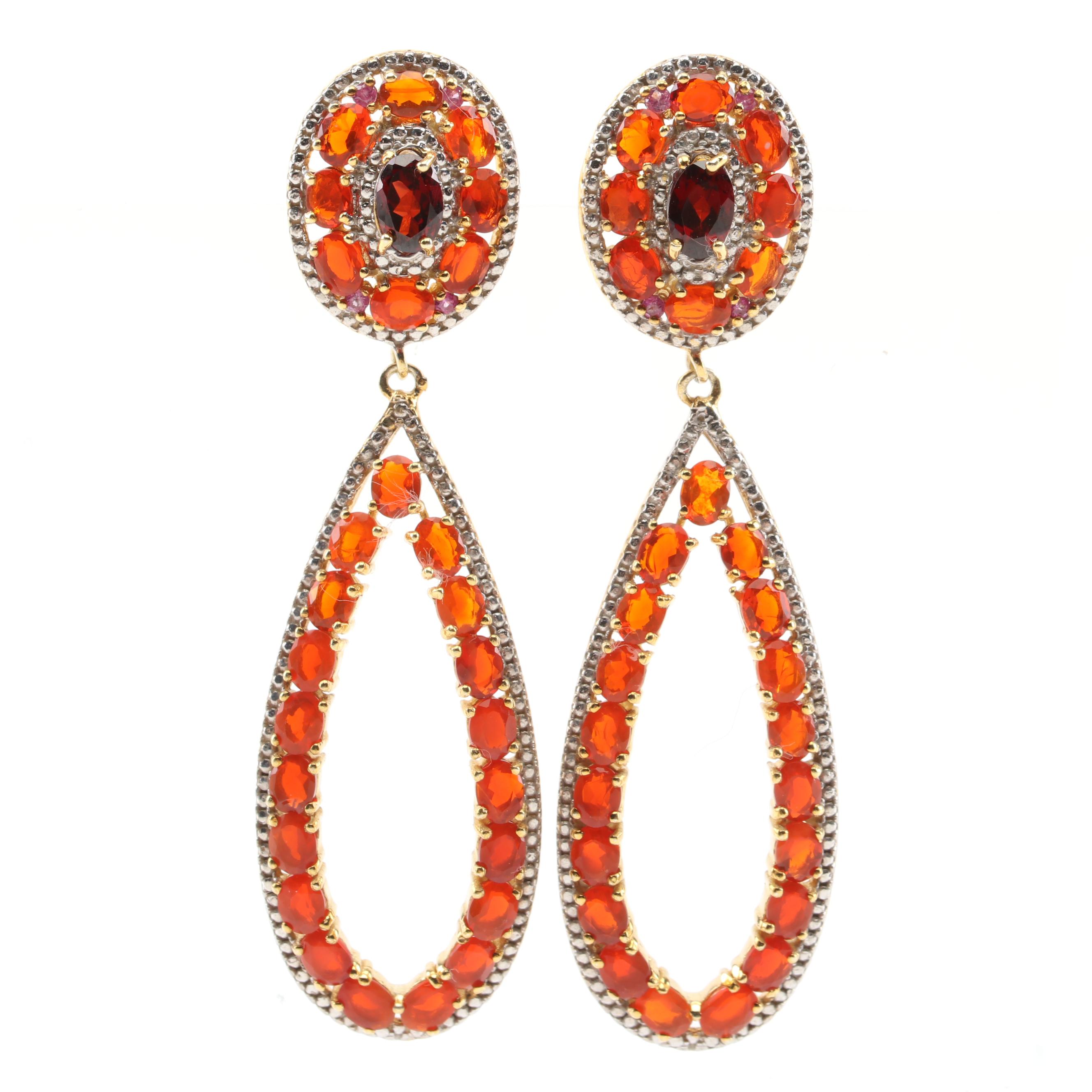 Sterling Silver Fire Opal, Garnet and Ruby Earrings