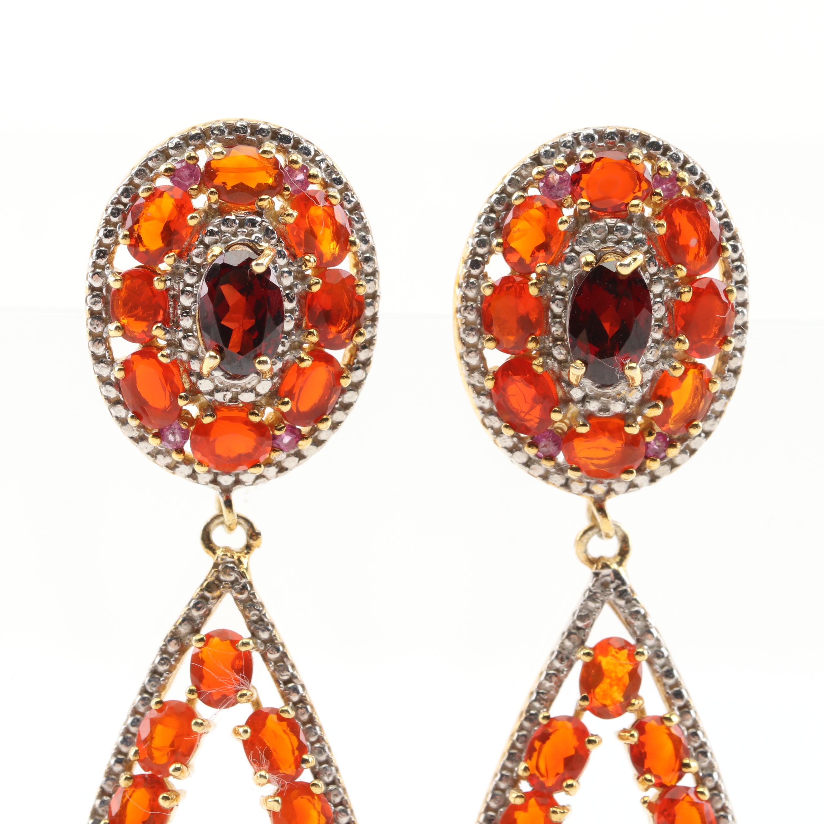 Sterling Silver Fire Opal, Garnet and Ruby Earrings