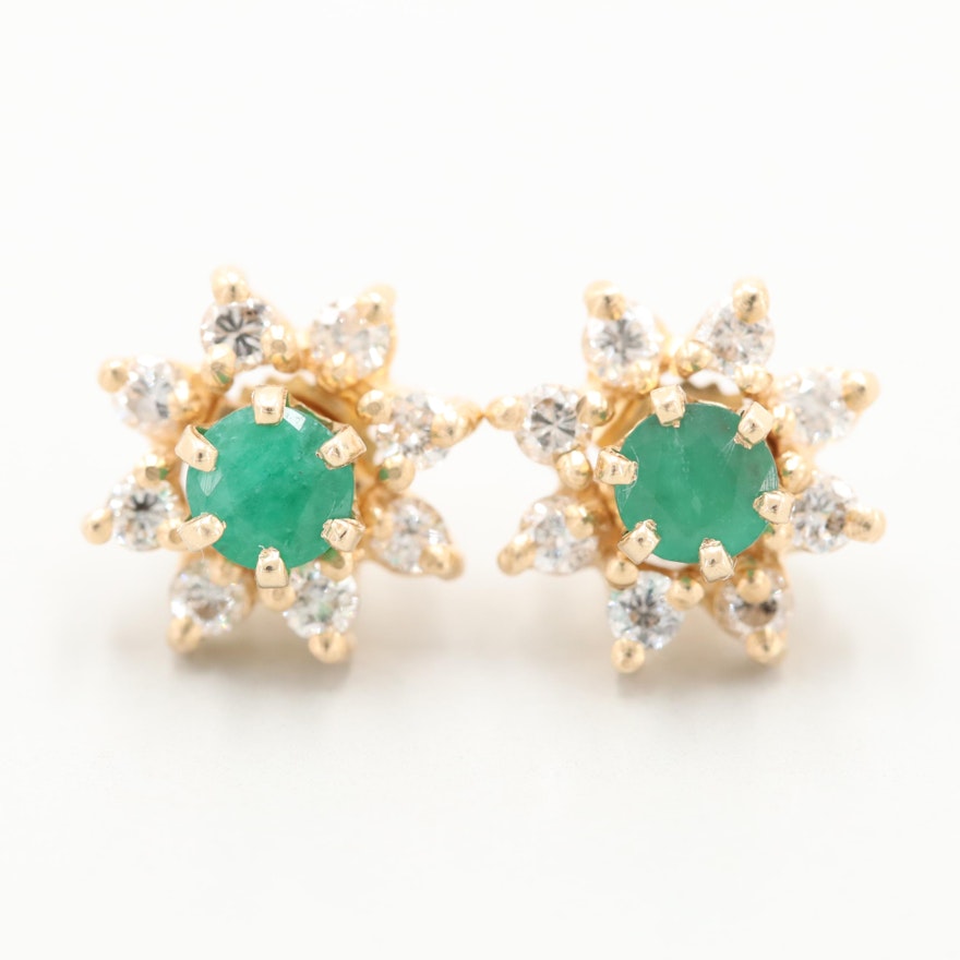 14K Yellow Gold Emerald Stud Earrings with diamond Jackets