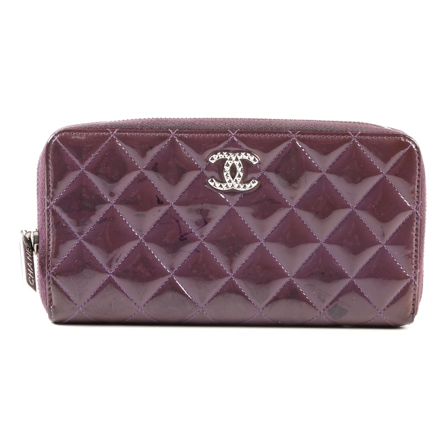 Chanel CC Accordion Zip-Around Wallet in Quilted Plum Patent Leather