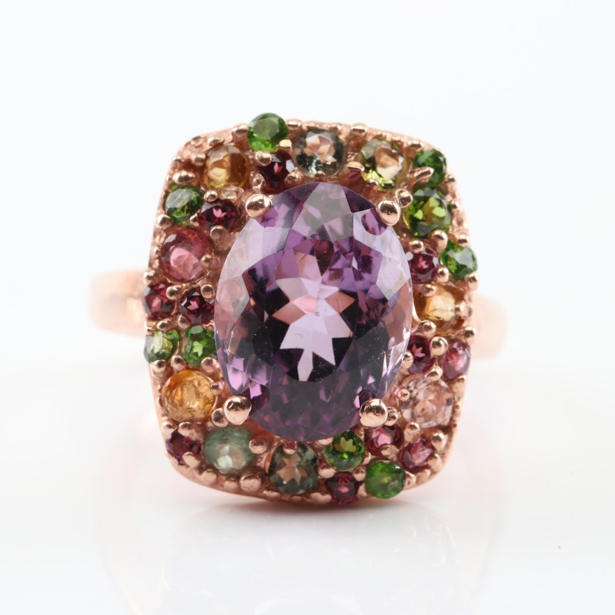 Sterling Silver 5.18 CT Amethyst and Multi-Gemstone Ring with Rose Gold Wash