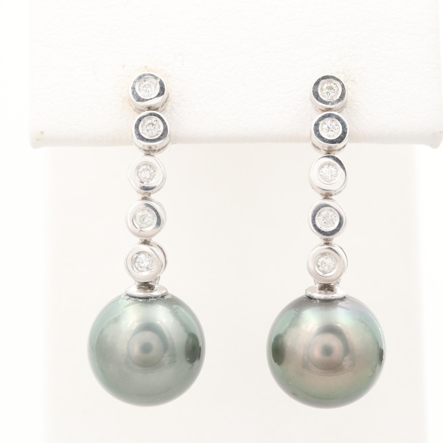 14K White Gold Cultured Pearl and Diamond Dangle Earrings