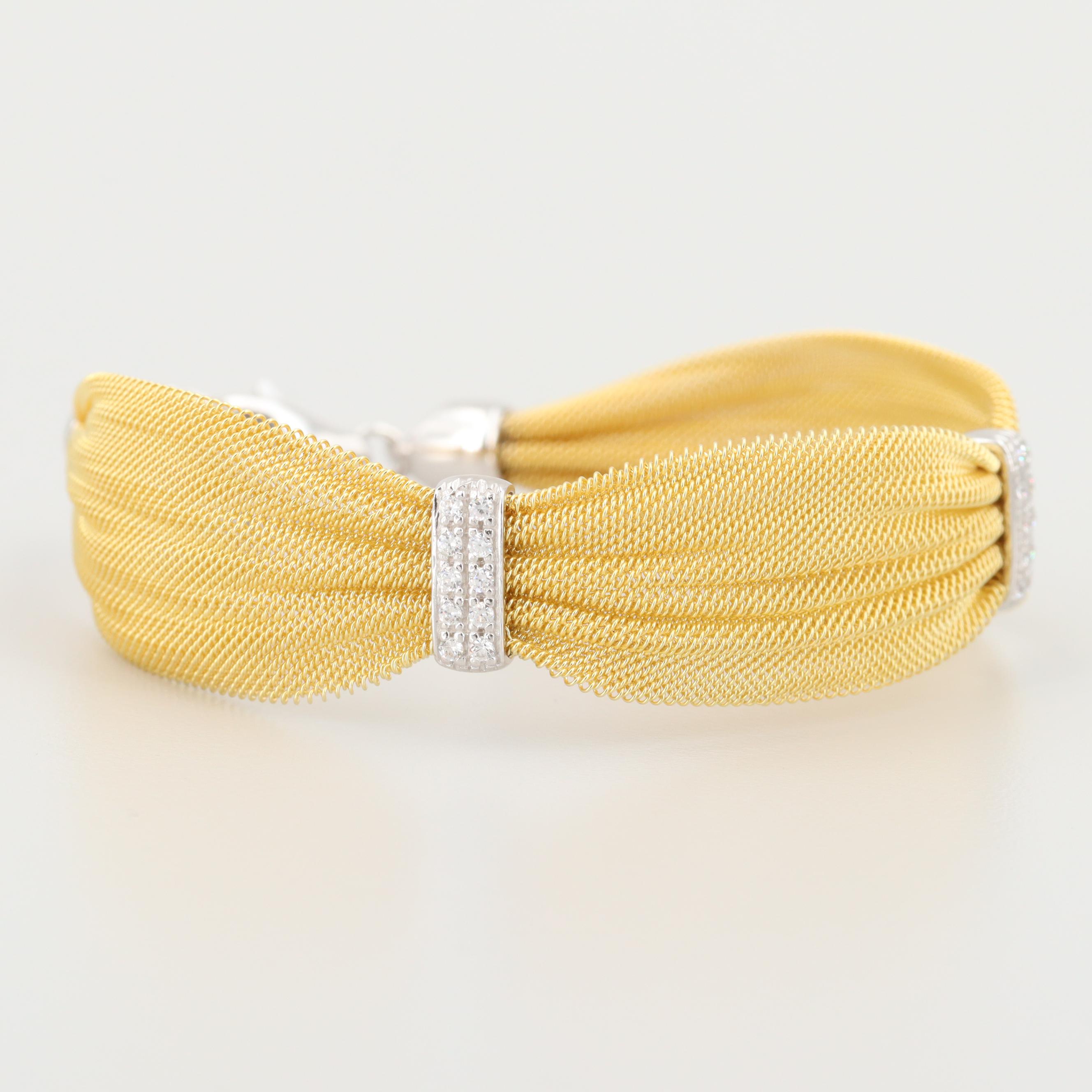 Gold Wash on Sterling Silver Cubic Zirconia Flexible Mesh Bracelet