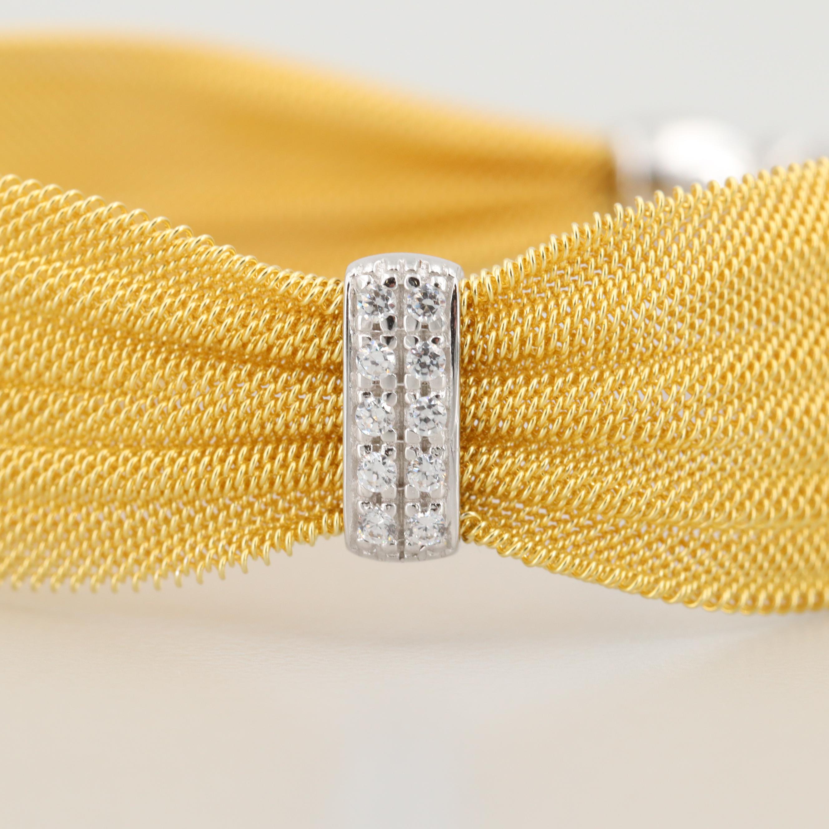 Gold Wash on Sterling Silver Cubic Zirconia Flexible Mesh Bracelet
