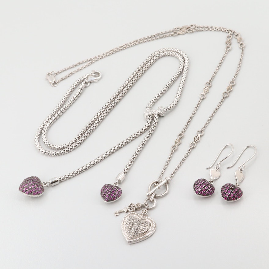Sterling Silver Synthetic Ruby and Diamond Necklaces and Earrings