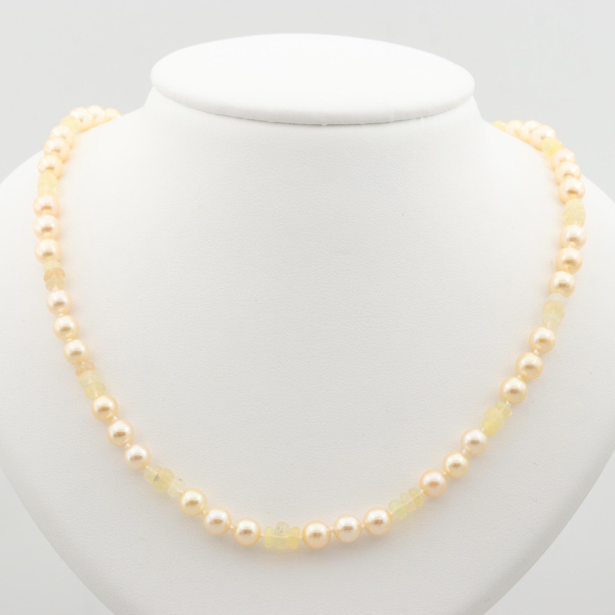 14K Yellow Gold Cultured Pearl and Opal Beaded Necklace