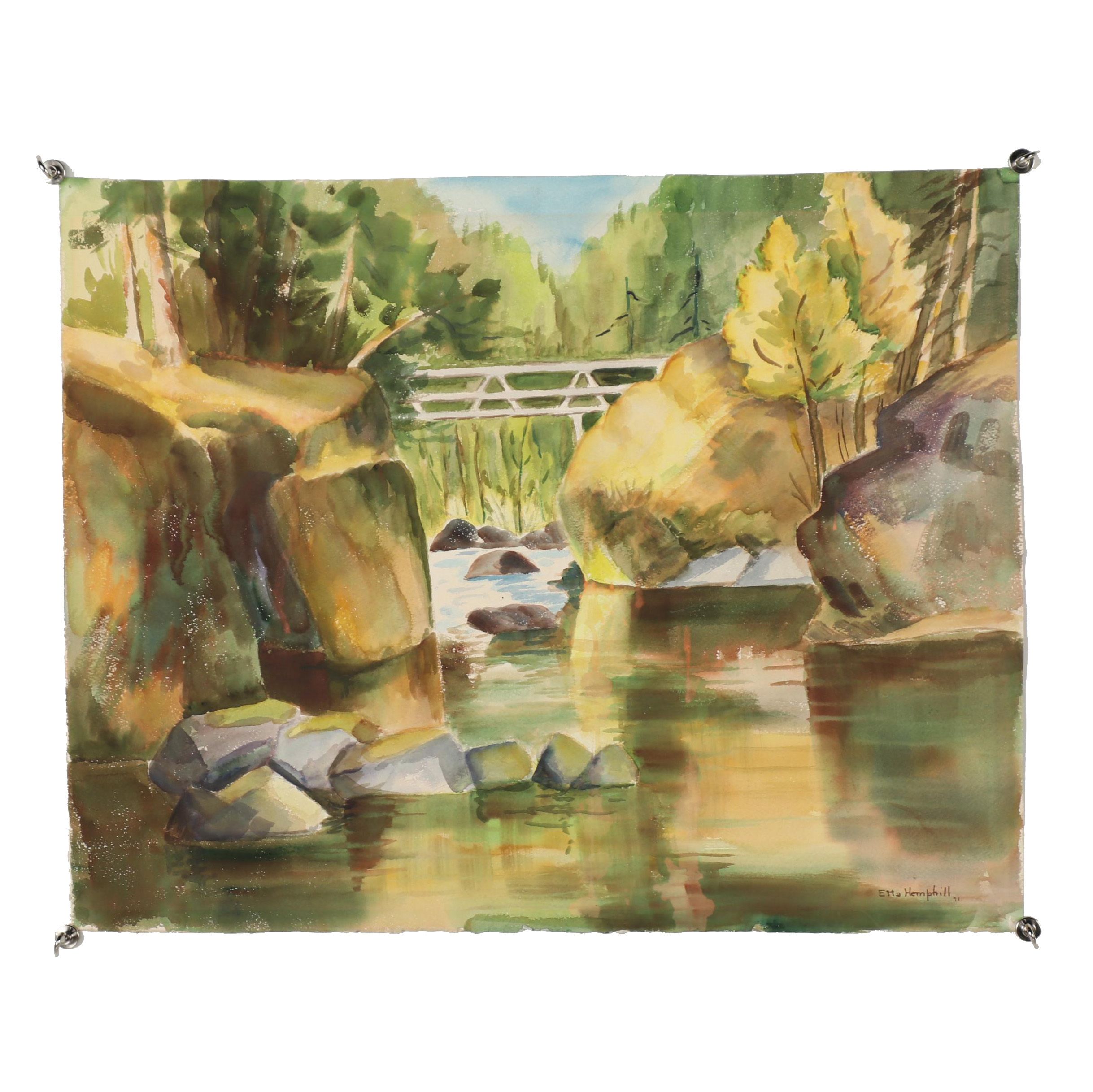 Etta Hemphill River Landscape Watercolor Painting