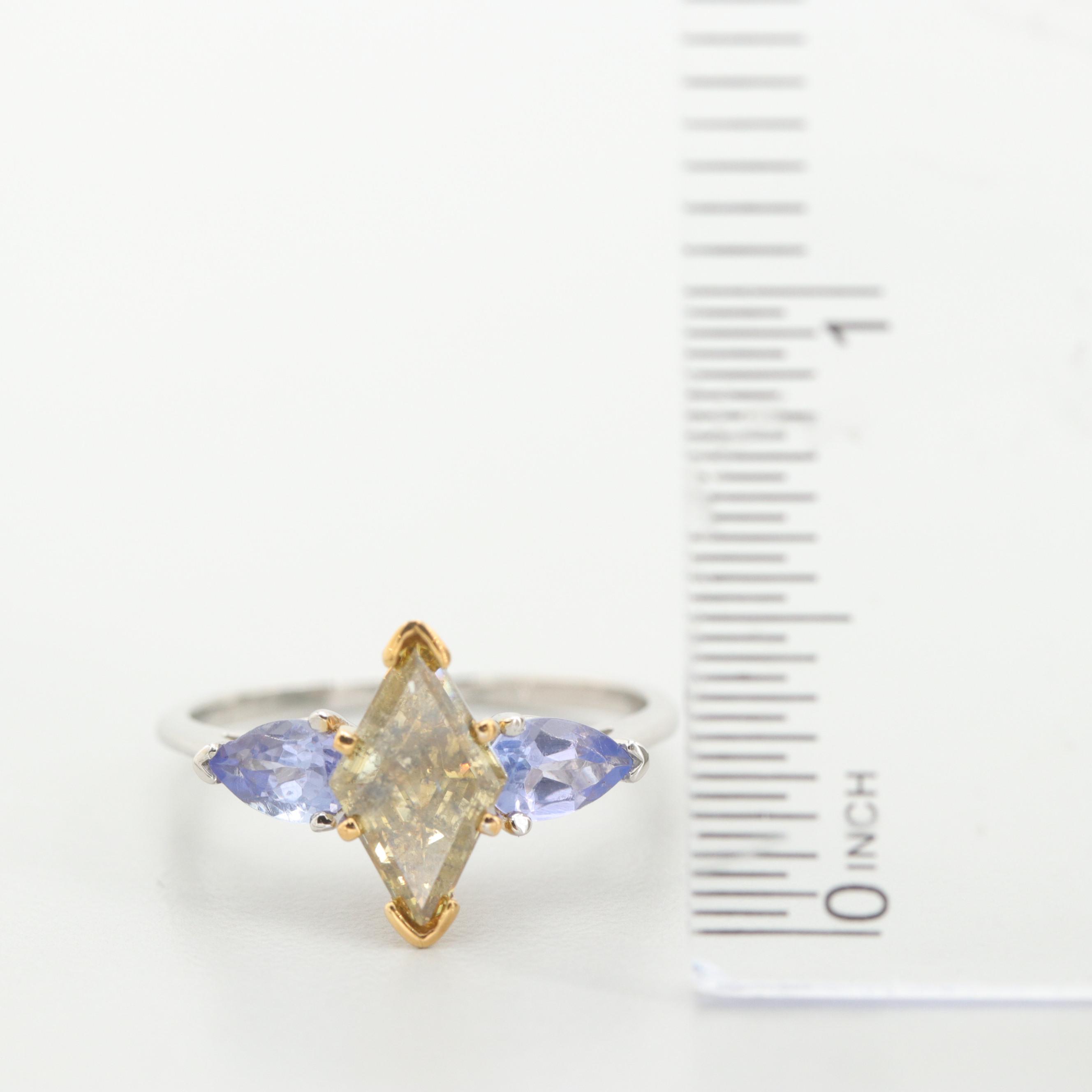 Platinum 1.54 CT Fancy DBG Yellow Diamond and Tanzanite Ring with GIA Report