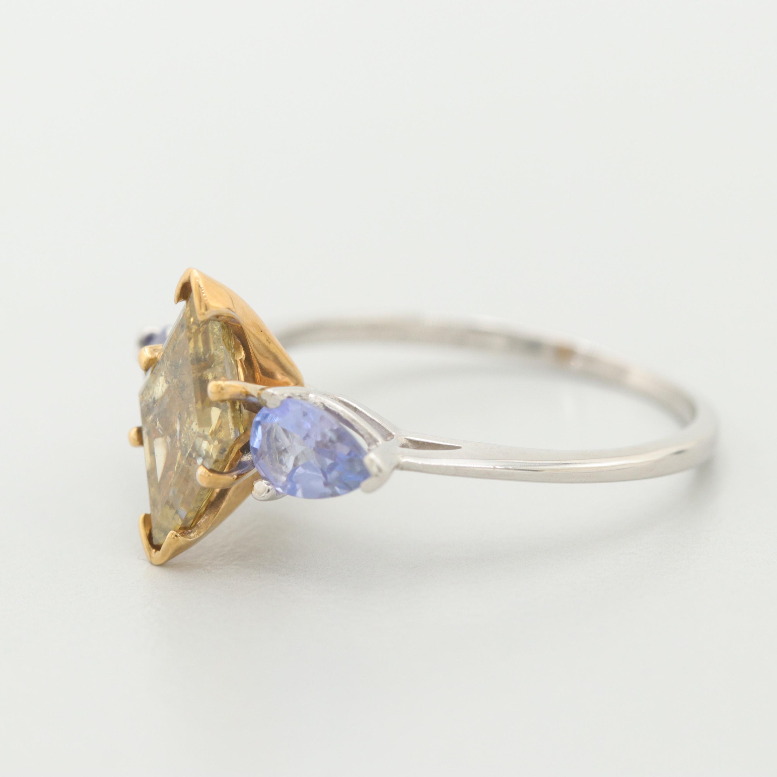 Platinum 1.54 CT Fancy DBG Yellow Diamond and Tanzanite Ring with GIA Report