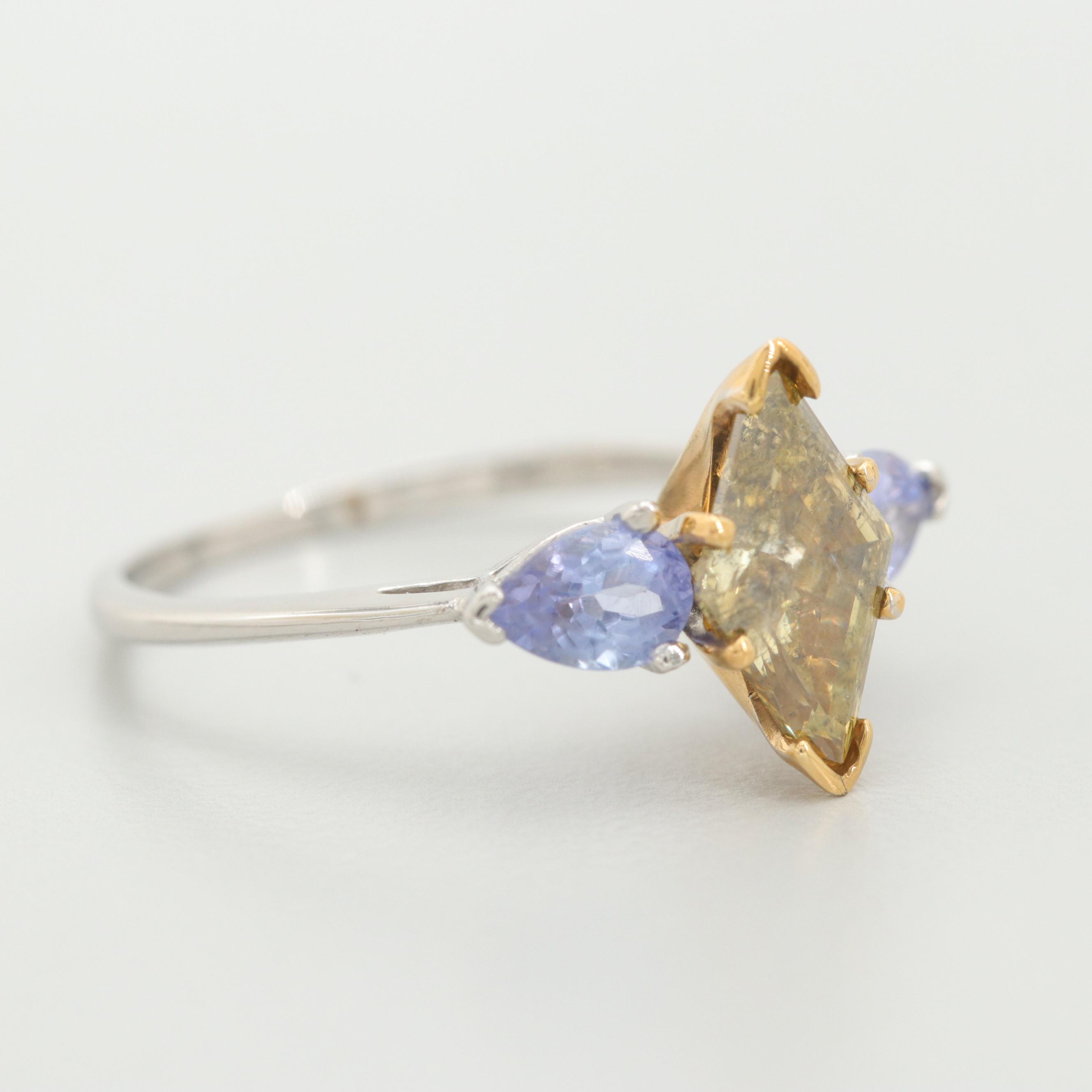 Platinum 1.54 CT Fancy DBG Yellow Diamond and Tanzanite Ring with GIA Report